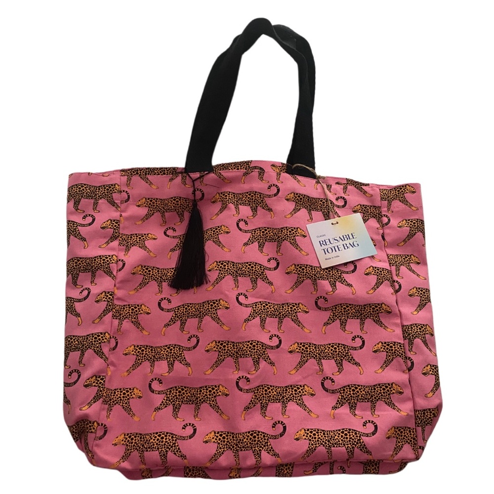 Pink Cheetah 100% Cotton Canvas Reusable Tote Bag w/ Decorative Tassel
